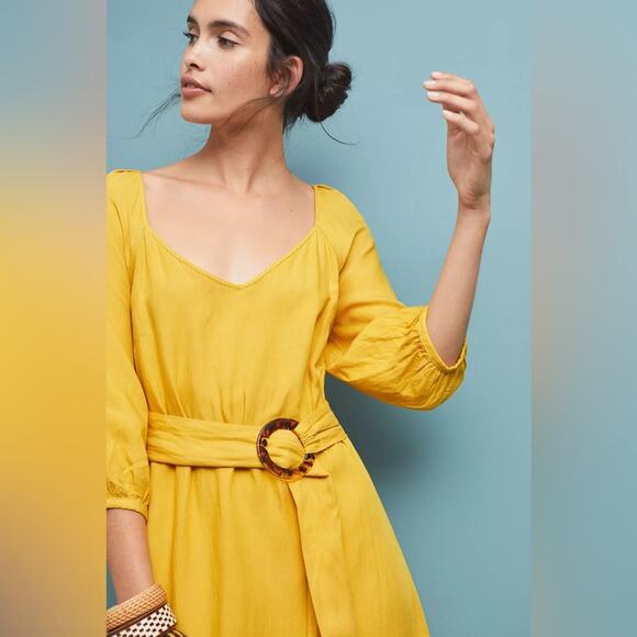 Maeve By Anthropologie Artemis Yellow Belted Asymmetric Midi Dress Size 2 - Picture 3 of 14